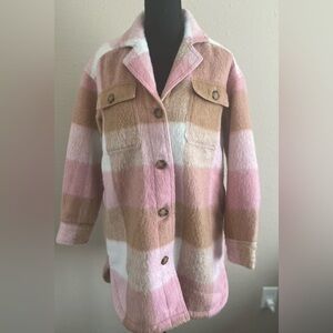Pink and Tan Plaid Button-Up Coat